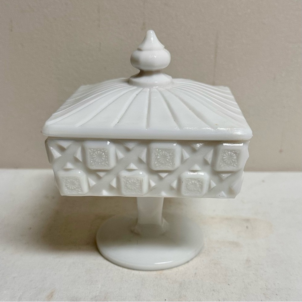 Vintage White Milk Glass Pedestal Candy Dish Diamond Quilted Westmoreland